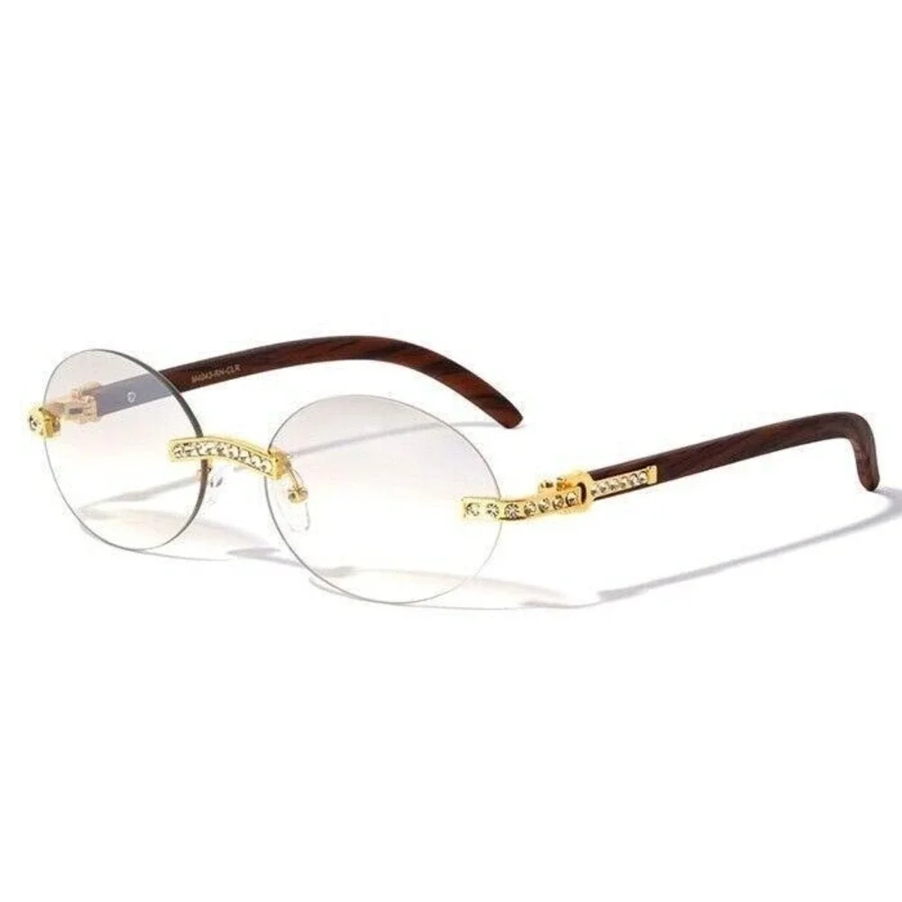 Fashion Sunglasses Men Rhinestone Wood Grain Frame Hip‎ Hop Shades Retro Classic